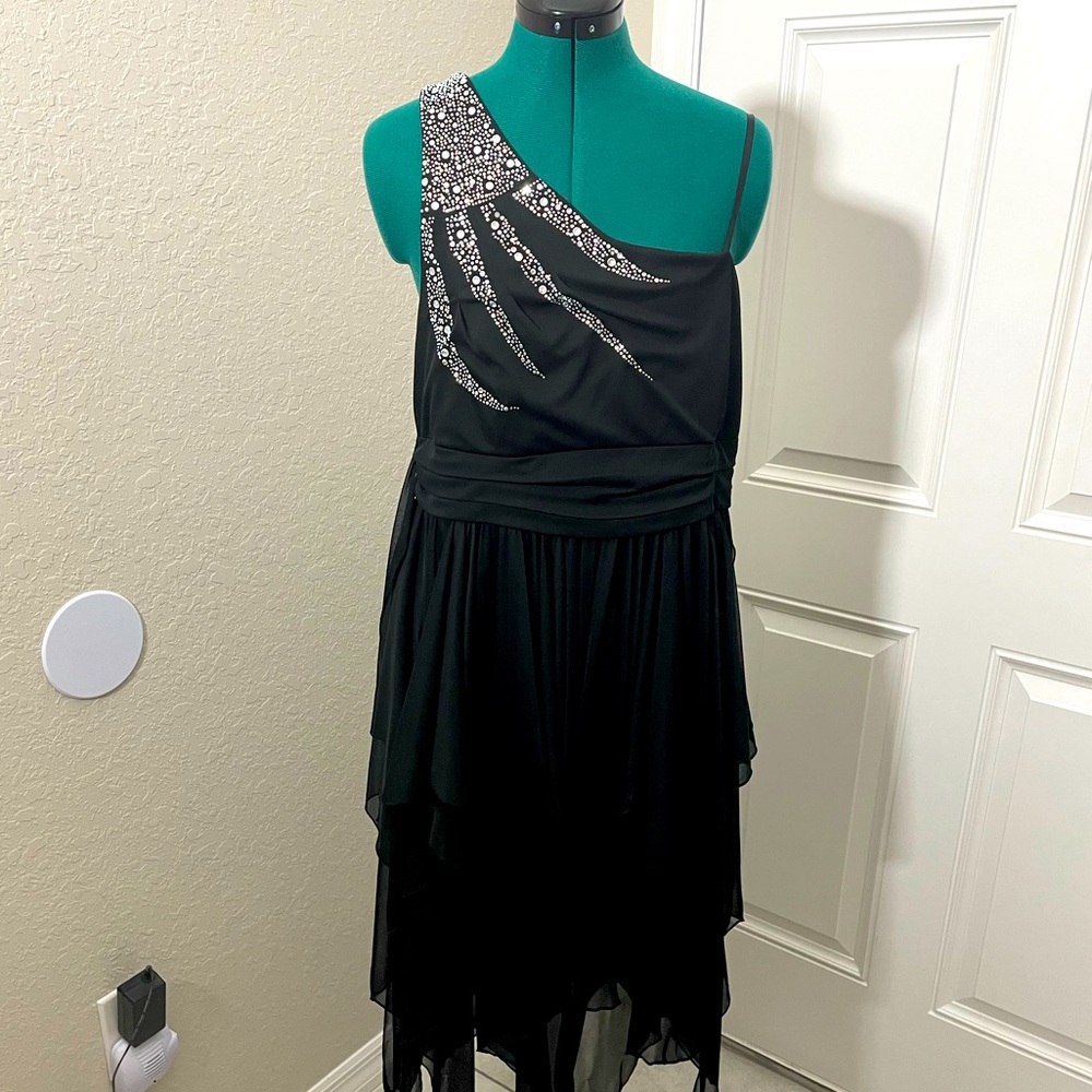 One Shoulder Asymmetrical Hem Sequin Rhinestone Cocktail Dress 1X 90s